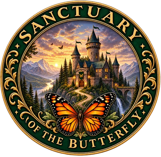 Sanctuary of the Butterfly seal — a castle framed by mountains and a monarch butterfly